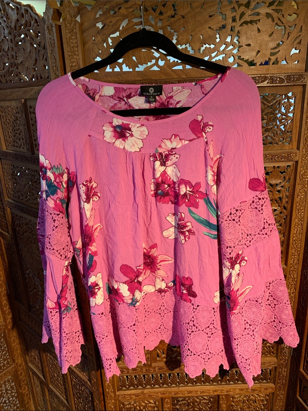 Pink Floral Crochet-Sleeve Women's Tunic